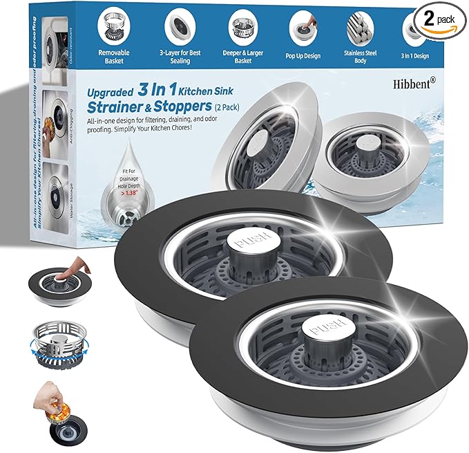 Hibbent Upgraded 2 Pack 3 in 1 Kitchen Sink Drain Strainer, Stainless Steel Pop Up Sink Stopper, Larger Anti-Clogging Basket, 3-Layer Seal, Detachable Plug for US Standard 3-1/2" Drain, Matte Black