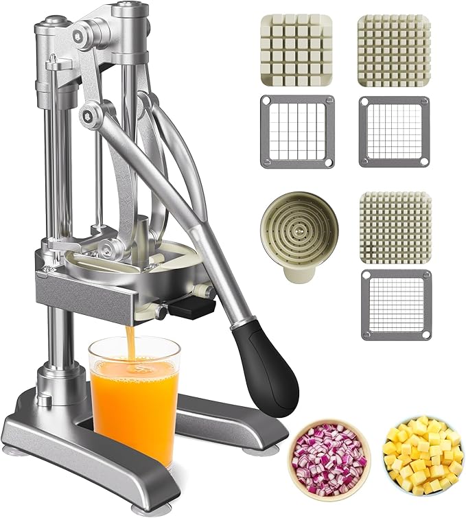 2-in-1 Commercial Juicer and Chopper - Heavy Duty Cast Iron Hand Press Manual Squeezer for Lemon, Citrus, Orange, Professional Vegetable Slicer French Fry Cutter Food Dicer