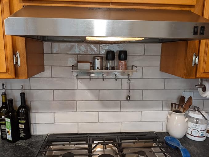 Audmore Kitchen Utensil Rack, Spice Rack with Hooks Wall Mount, Over the Stove Shelf, Stainless Steel, Hanging Storage Wall Shelf for Spatula Spoon, Seasoning Jar Organizer