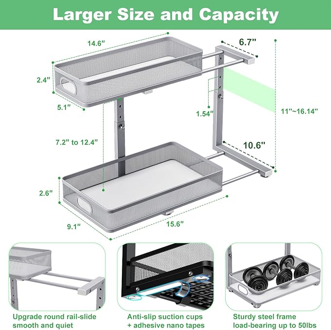 Under Sink Organizer, High Adjustable 2 Tier Under Sink Organizers and Storage, Slide out Metal Cabinet Organizers, Pull out Storage Drawer Shelf for Kitchen Bathroom Cabinet (1, Gray)