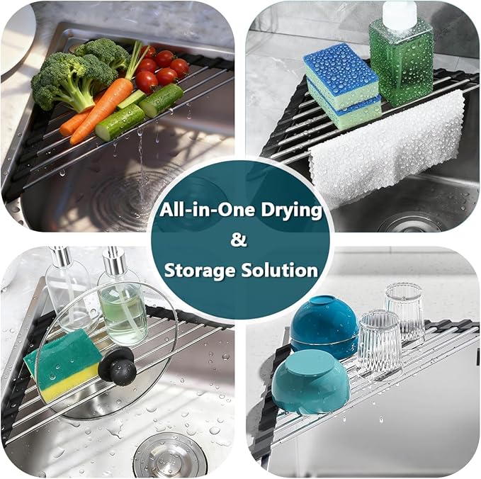 Credon Triangle Roll Up Dish Drying Rack, Foldable Multipurpose Corner Sink Caddy, Stainless Steel Anti Slip and Rust Proof Kitchen Sink Drainer Organizer, Small Space Solutions (Black)