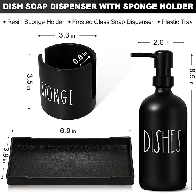 Dish Soap Dispenser for Kitchen, Glass Dish Soap Dispenser with Sponge Holder, Black Dispenser Set with Tray, 3 in 1 Countertop Sink Organizer, Farmhouse Kitchen Decor