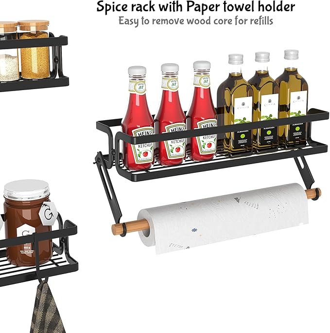 3 Pack Spice Rack Wall Mount with Paper Towel Holder and Hooks, Screw or Adhesive Hanging Spice Shelf, Space Saving Spice Organizer for Seasonings, Spice Racks for Stove Rv Cabinet Black