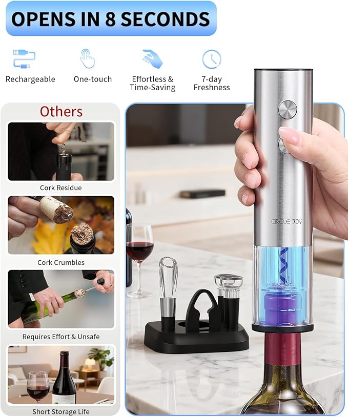 CIRCLE JOY Electric Wine Opener Stainless Steel Rechargeable Automatic Wine Bottle Opener Set 7-in-1 Wine Gifts for Wine Lovers with Charging Base, Foil Cutter, Wine Aerator Pourer & 2 Vacuum Stoppers