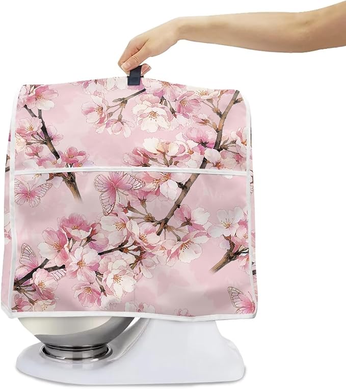 Elegant Cherry Blossom Butterfly Mixer Cover Oil-Resistant Machine Washable Dust Cover for 4.5-5 Qt Stand Mixers with Handle & Pocket Reusable Kitchen Appliance Protector