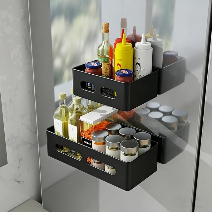 Magnetic Spice Storage Refrigerator Rack Seasoning Organizer Wall-Mounted Shelf with Hook for Kitchen Bathroom Organization (6, Black)