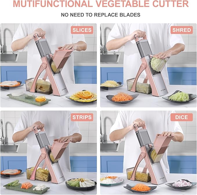 [All in 1] Upgraded Version Safe Mandoline Slicer for Kitchen, Adjustable Thickness. Veggie Slicer, Rapid Prep Mandoline, Detachable Blade, Cleaning Brush/Paring Knife (GrayPink)