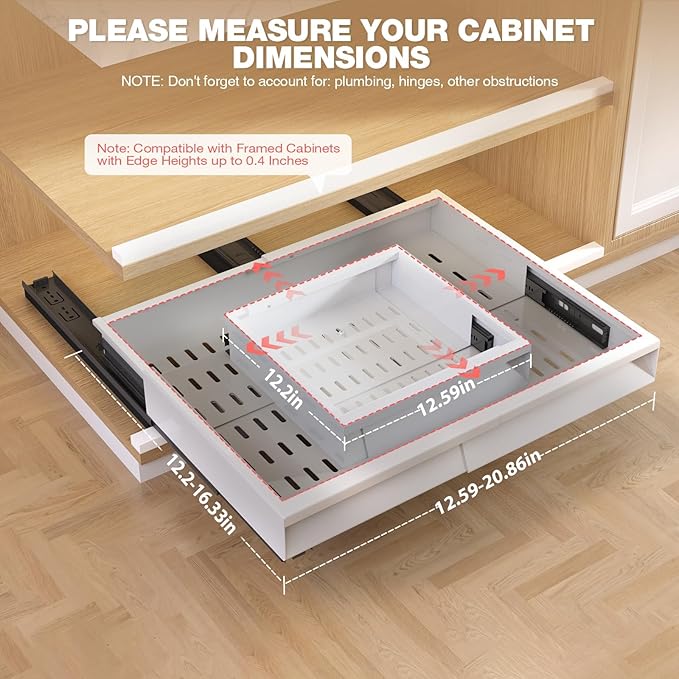 Seinloes Pull Out Cabinet Organizer, 4-Side Expandable to Fit Most Cabinets, 3 Rail Slide Out Drawers with Raising Pad for Framed & Frameless Cabinets, 13"-21" W x 13"-17" D, White, 2 Pack