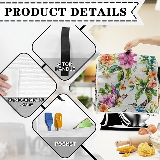 Hummingbird Flower Stand Mixer Cover with Pocket and Handle Small Appliance Dust Covers Machine Washable Kitchen Mixer Accessories Suitable for 4.5-5 Quart Coffee Makers