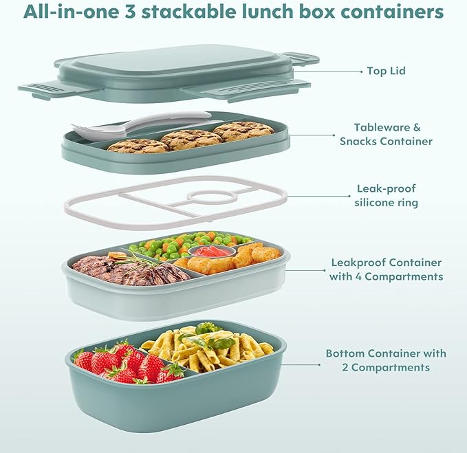 HOMETALL Adult Lunch Box,3 Stackable Bento Lunch Containers for Adults, Modern Minimalist Design Bento Box with Utensil Set, Leak-Proof Lunchbox for Dining Out, Work, Picnic
