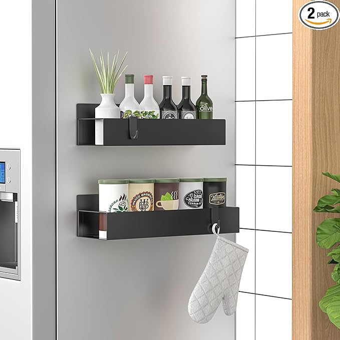HuggieGems 2 Pack Magnetic Spice Storage Rack Organizer for Refrigerator and Oven, Matt Black Fridge Organizers and Storage