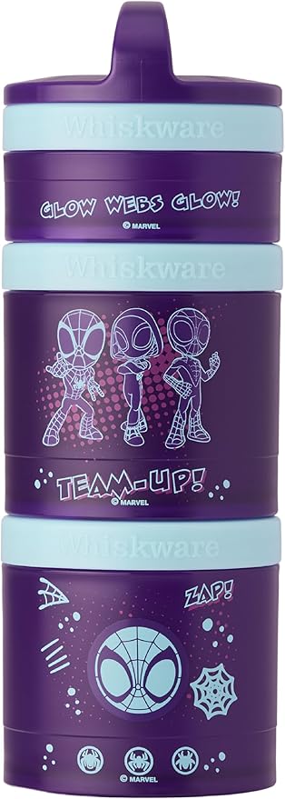 Whiskware Spider-Man Team Spidey Stackable Snack Containers for Babies, Kids, and Toddlers, 3 Stackable Snack Cups for School or Travel, Cupholder Friendly, Glow Webs Glow!