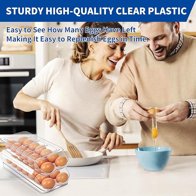 MesRosa Egg Holder for Fridge, Automatic Rolling Egg Organizer for Refrigerator, Clear Plastic Egg Container & Tray, Stackable Dispenser and Storage Bin with Sturdy Lid to Saving Space -2 Layer