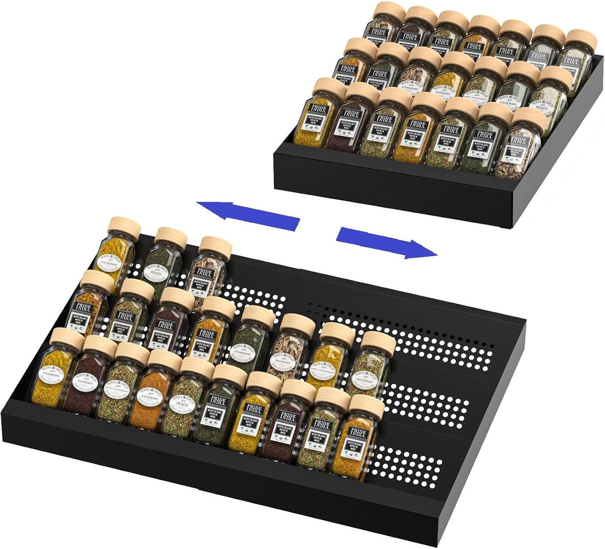 Expandable Metal Spice Drawer Organizer,3-Tier Slanted Seasoning Jars Tray for Kitchen Cabinet Drawers Insert/Countertop (Jars not included)-3Tier,2packs/Black