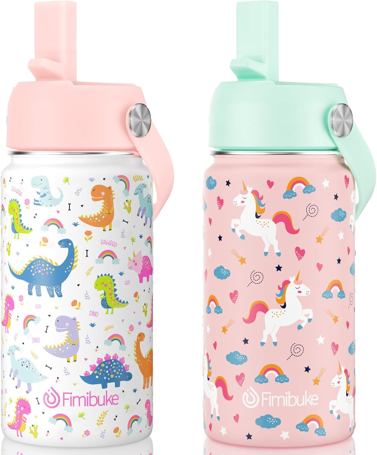 Kids Insulated Water Bottle, 14oz BPA FREE Double Wall Vacuum Tumbler 18/8 Stainless Steel Leak Proof Kids Cups with Straw Metal Bottle for School Boy Girl (2 Pack, UNICORN/WHITE DINOSAUR)