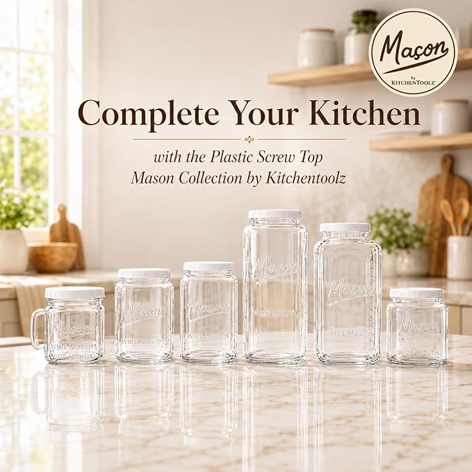 kitchentoolz Extra Large Mason Jar - 1 Gallon Glass Wide Mouth Jar with Airtight Plastic Screw on Lid, Food Storage Container with Measurement Marks Pack of 2