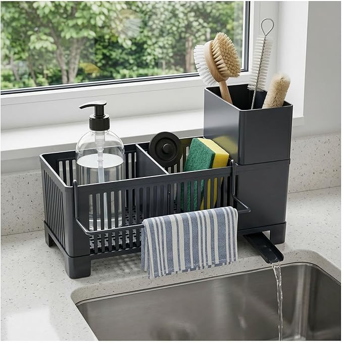 Kitchen Sink Sponge Holder - Plastic Sink Caddy Organizer with 360° Rotating Drain Spout & Tall Brush Holder, Rustproof Dish Soap Countertop Tray, Black