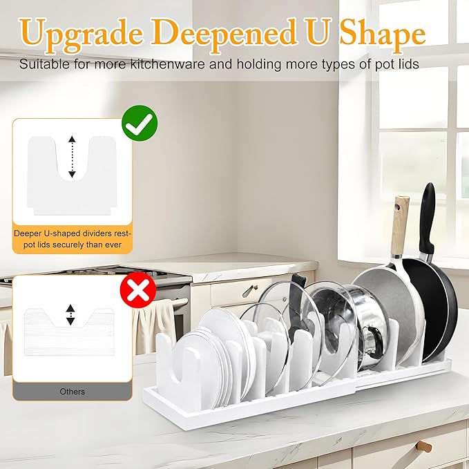 MinBoo Bamboo Expandable Pot Lid Organizer, Pot and Pan Organizer Drawer Organizer for Pot Lids, Adjustable 10 U-Shaped Dividers for Kitchen Cabinet Organizers and Storage,White