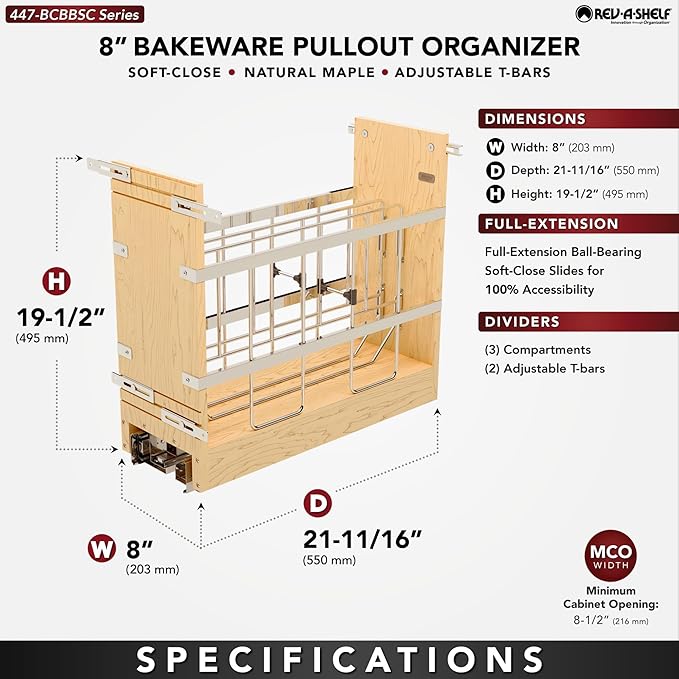 Rev-A-Shelf 8" Pullout Wooden Bakeware Organizer w/ Ball Bearing Soft-Close for Full Height Base Kitchen Cabinets, Foil Wrap/Tray Divider, Min Opening Width of 8.5", 447-BCBBSC-8C
