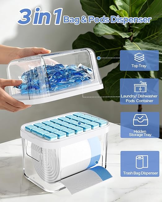 Trash Bag Dispenser & Dishwasher Pods Container, 3 in 1 Clear Acrylic Garbage Bags Holder Under Sink Organizer Laundry Pods Dishwasher Tabs Storage Box for Laundry Room and Kitchen Cabinet