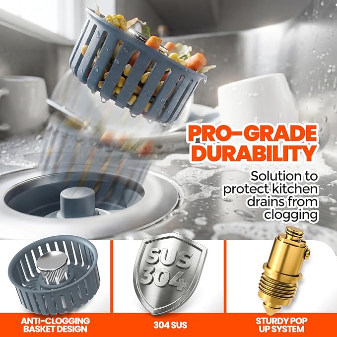 2 Pack Sink Drain Strainer - Sink Stopper, 3 in 1 Stainless Steel Kitchen Drain Plug with Deep Anti-Clog Basket and Odor-Blocking Seal, Pop-Up Design Fits Standard 3-1/2 Inch Sink
