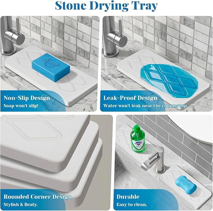 Diatomite Stone Sink Tray, 2PCS Water Absorbing Stone Trays, Quick Drying Hand Soap Holder with Anti-Skid Feet, Bathroom Tray Countertop for Bathroom Sink Kitchen Counter Faucet Organizer Decor
