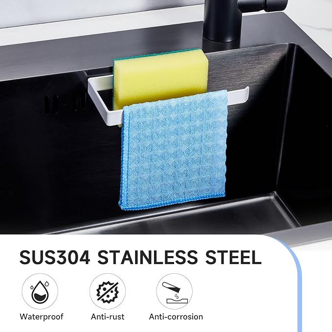 Sponge Holder for Kitchen Sink, Adhesive Dishcloth Holder, Dish Sponge Kitchen Sink Caddy 2 in 1, Metal Dishcloth Racks Sink for Dishcloths, Sponges, Brushes and Glove (White)