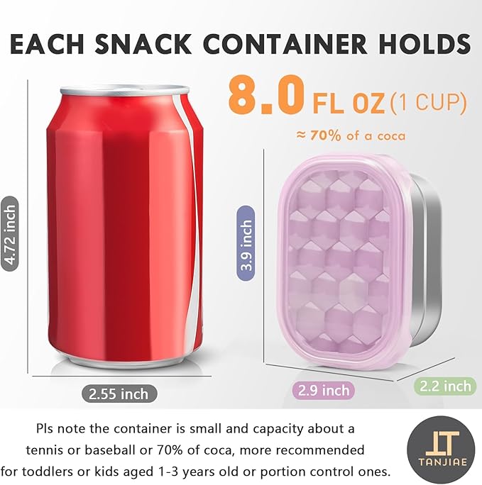Tanjiae Snack Pro - Small (1 CUP) Stainless Steel Snack Containers for Kids | Easy Open Leak Proof Food Containers with Silicone Lids - Perfect Metal Toddler Lunch Box for Daycare and School (8oz*3)