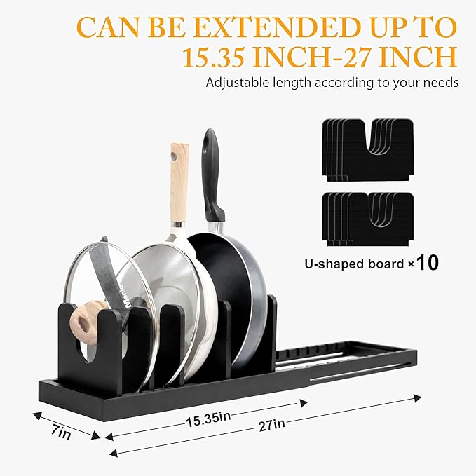 MinBoo Bamboo Expandable Pot Lid Organizer, Pot and Pan Organizer Drawer Organizer for Pot Lids, Adjustable 10 U-Shaped Dividers for Kitchen Cabinet Organizers and Storage,Black