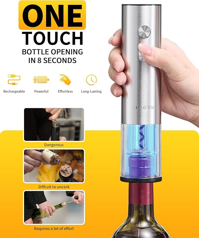 CIRCLE JOY Electric Wine Opener Rechargeable 5-in-1 Stainless Steel Wine Gift Set with Foil Cutter, Wine Aerator Pourer, Wine Drip Ring & Vacuum Stopper, Ideal Gifts for Wine Lovers, Silver