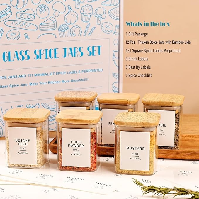 12 Pcs Square Glass Spice Jars with Natural Bamboo Lids