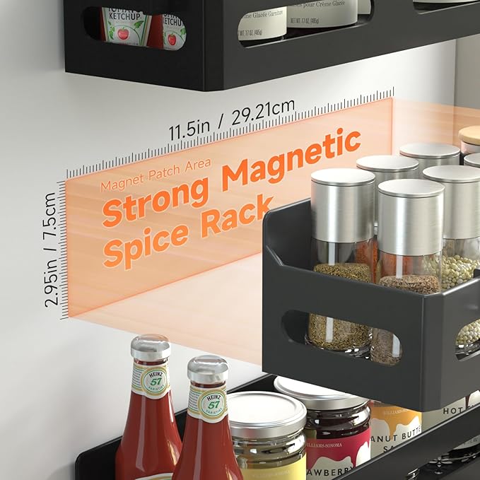 Sevenblue 6 Pack Strong Magnetic Spice Rack for Refrigerator, Multipurpose Magnetic Shelf for Fridge with 4 Hooks for kitchen and Bathroom Organization, Black