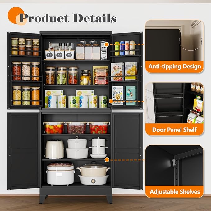 GAIOUS 74.8" Tall Metal Food Cabinet, Black Kitchen Pantry Cabinet, Storage Cabinets with 4 Door and 4 Adjustable Shelves, Steel Freestanding Cupboard for Kitchen Dining Room Living Room Bathroom