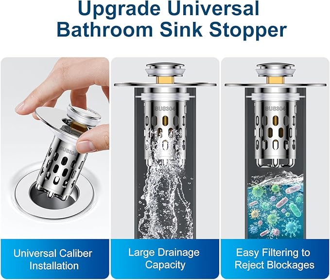 Bathroom Sink Drain Strainer,All Metal Pop-Up Sink Stopper with Removable Stainless Steel Filter Basket, Universal Bathroom Hair Catcher Fit for 1.1-2.36'' Drain (Silver, 2 Pack)