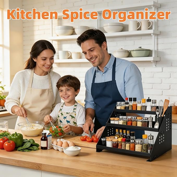 RICHMYC 3 Tier Spice Rack Organizer for Cabinet, Expandable Metal Spice Organization Shelf, Adjustable Step Seasoning Organizer for Countertop and Pantry, Anti-Slip Kitchen Spices Storage Display