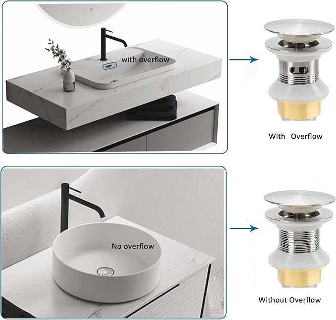 Rockgoya Bathroom Sink Drain,Drain Stopper Bathroom Sink Without Overflow,Pop Up Drain Assembly with Detachable Strainer Basket,Built-in Anti-Clogging Strainer,Stainless Steel Brushed Nickel
