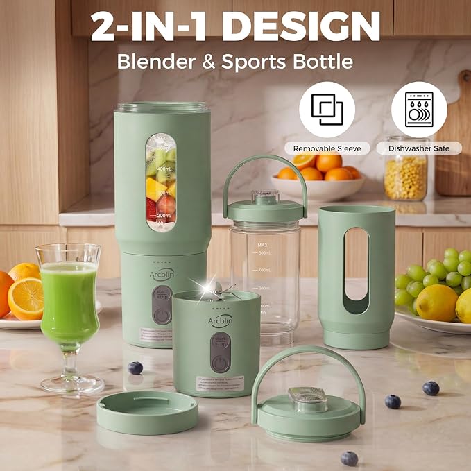 Personal Portable Blender, Detachable To-Go Cup& Carry Handle,17oz Blender Cup for Shakes and Smoothies, Rechargeable Mini Juicer for Gym, Baby Food, Auto-Shutoff, BPA Free, Green