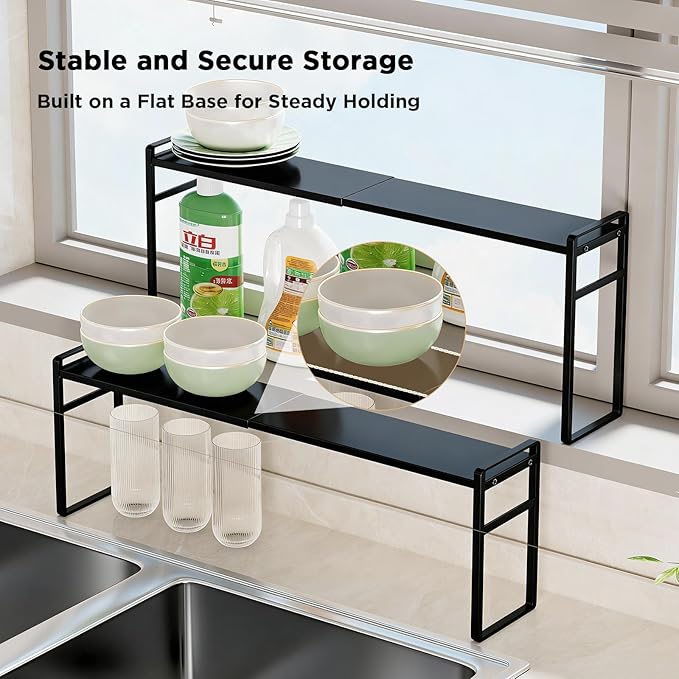 Expandable Narrow Shelf Organizer, Tall Countertop Organizer for Tight Spaces, Windowsill Plant Stand, Over-Sink/Faucet Shelf, Kitchen Counter Storage, Bathroom Vanity, Laundry Room (Black)
