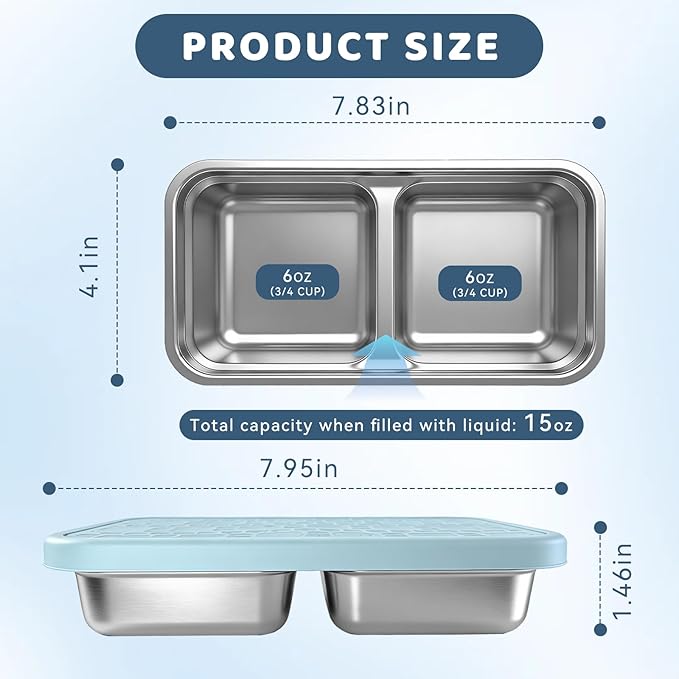3 Pack 15 oz Stainless Steel Snack Containers for Kids, Reusable Metal Snack Containers with Silicone Lids, 2 Compartment Stackable Metal Toddler Lunch Box for Daycare, School and Outdoor