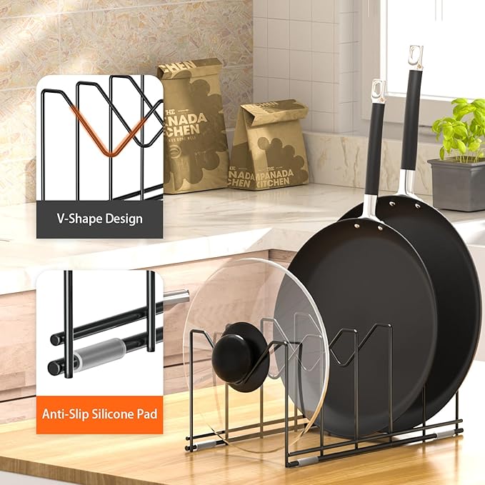 HzTinT 3 Pack Pot Lid Organizer for Cabinet, Stainless Steel Pot Lid Rack with Anti-slip Pad, Lid Holder for Pans Pots, Bakeware, Plates, Cookie Sheets, Trays, Dish, Cutting Boards, Classic Black