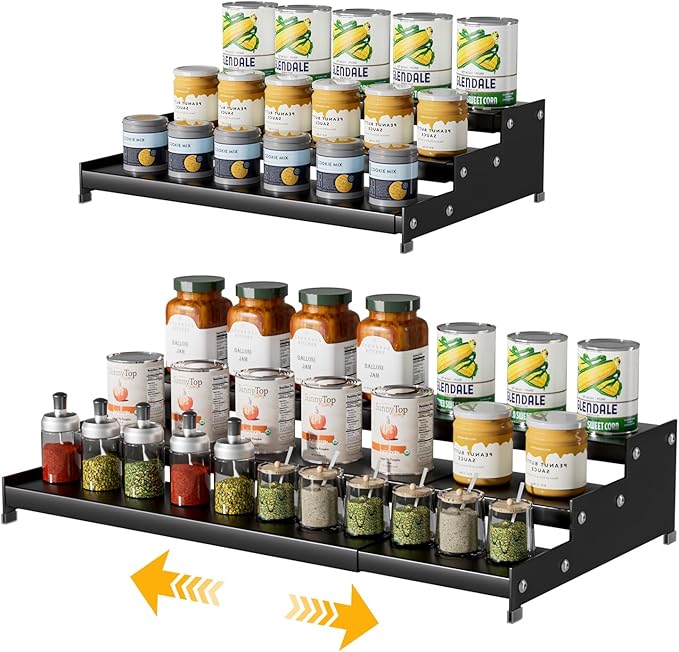 Expandable Carbon Steel Spice Rack Organizer for Pantry, Adjustable 3-Tier Ladder Shelf,Holds Up to 24 Cans,Kitchen Countertop Organizer