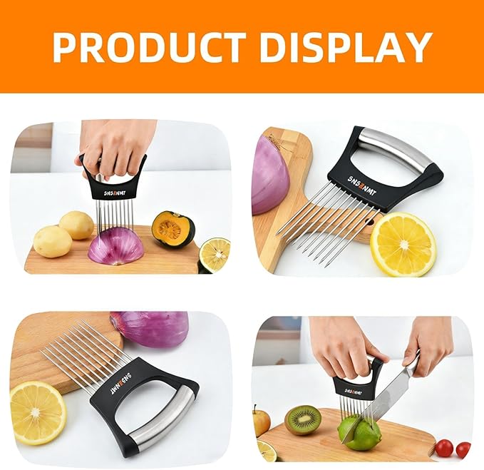 Onion Holder for Slicing, Upgrade Stainless Steel Onion Slicer Holder Lemon Slicer Vegetable Cutter, Assistant Tool for Slicing Fruit, Potato, Tomato and Meat (2 Pack)
