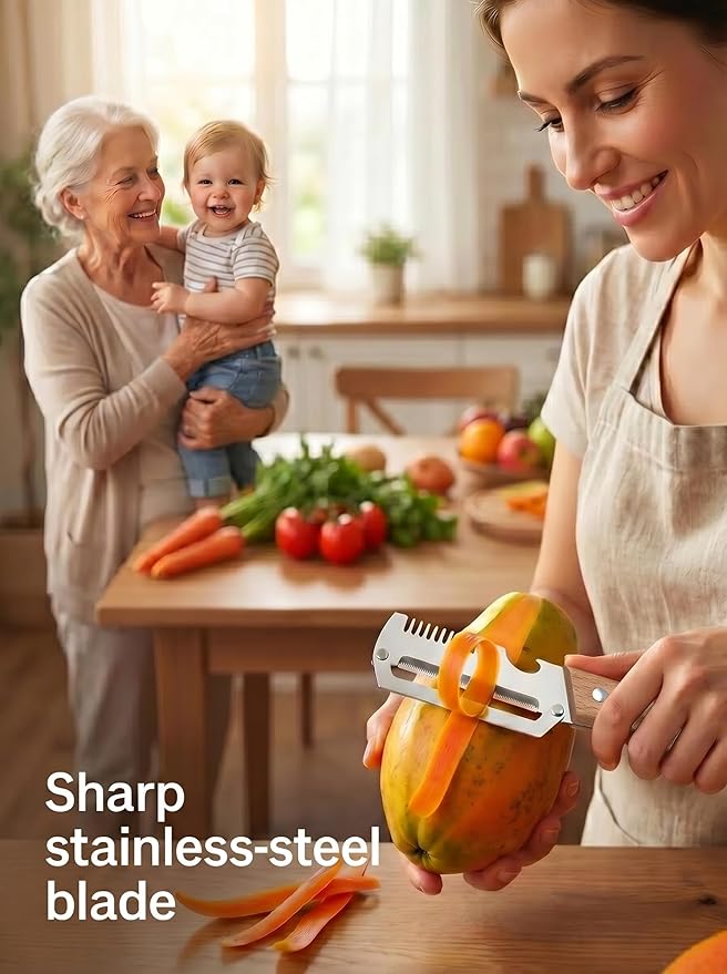 3 in 1 Multifunction Vegetable Peeler + Bottle Opener + Grater with Wooden Handle, Stainless Steel Hand Held Peeler for Potato, Pumpkin, Carrot, Fruit and Vegetable Peeler for Kitchen 1 Pcs