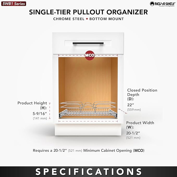 Rev-A-Shelf Steel Wire Pullout Drawer Organizer Shelf for Kitchen Cabinets, Slide Out Storage Basket, Min Opening Width of 20.5", 21" x 22", 5WB1-2122CR-1