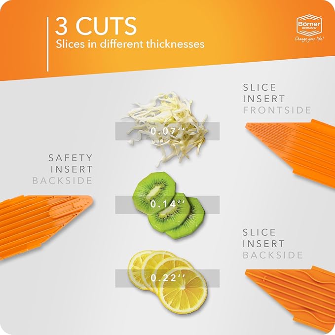 Borner Mandoline Food Slicer V1 (Basic Set) by Reston Lloyd • V-Slicer with Food Holder • Made in Germany • Fruit & Vegetable Chopper • Multiple Settings • Color: Orange