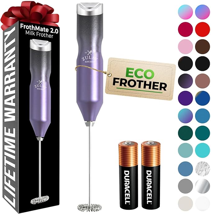 Zulay Kitchen Powerful Frother Wand AA Batteries Included, Ultra Fast Handheld Drink Mixer, Comfort Milk Frother, Stainless Steel Whisker, Frother Handheld for Coffee, Protein & Matcha - Frothmate 2.0