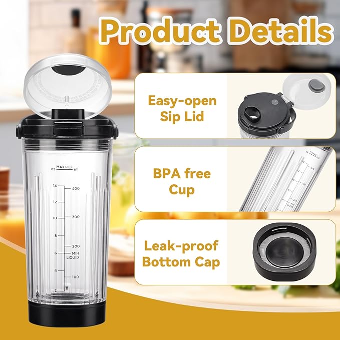Blender Replacement Cups for Ninja Blast Portable Blender BC100 Series and BC151 Series, 18oz Blending Vessel Cup & Vessel Cap & Sip Lid with Carry Handle