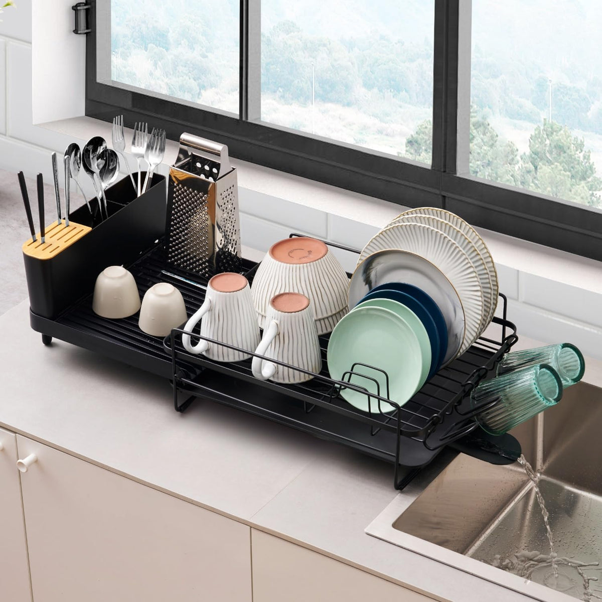Dish Drying Rack Countertop Expandable Dish Drainer — Up to 26.7" Telescoping Extending Drying Station Organizer with Drainboard & Removable Utensil Holder — Dish, Silverware & Cup Storage, Black