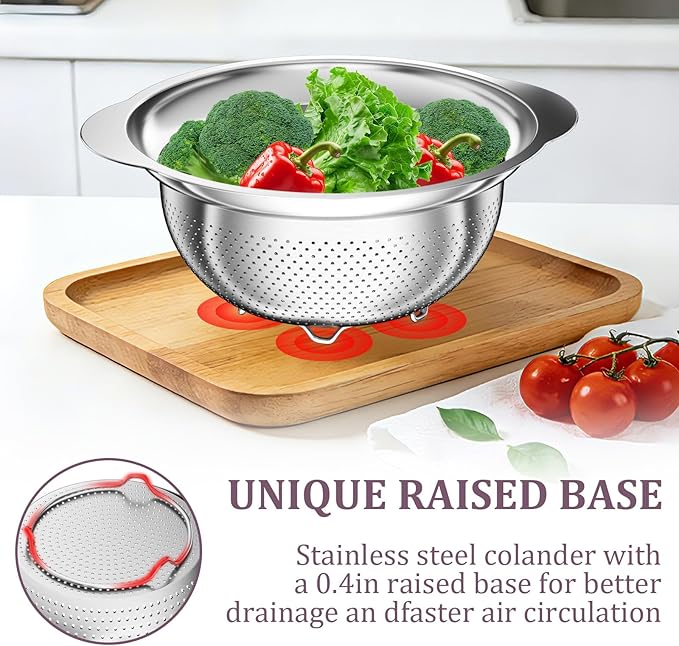 Stainless Steel Colander - 3QT Medium Capacity Strainer with Handle, Kitchen Food Strainer Basket for Washing Vegetables, Fruits, Rice, and Pasta, Kitchen Present for Women