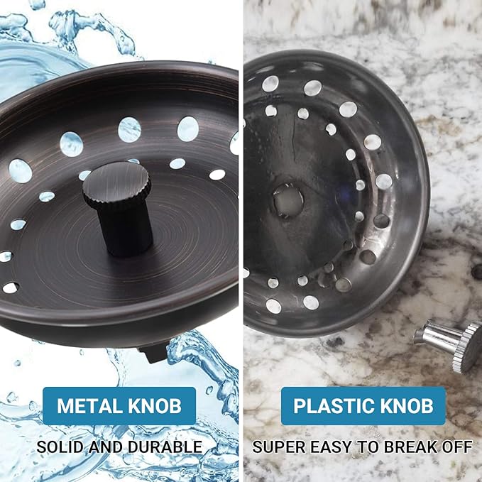 KONE Kitchen Sink Stopper and Strainer 2 Pack Oil Rubbed Bronze Sink Basket Strainer Replacement for Standard 3-1/2 inch Drain, Stainless Steel ORB Body Metal Center Knob with Rubber Drain Stopper